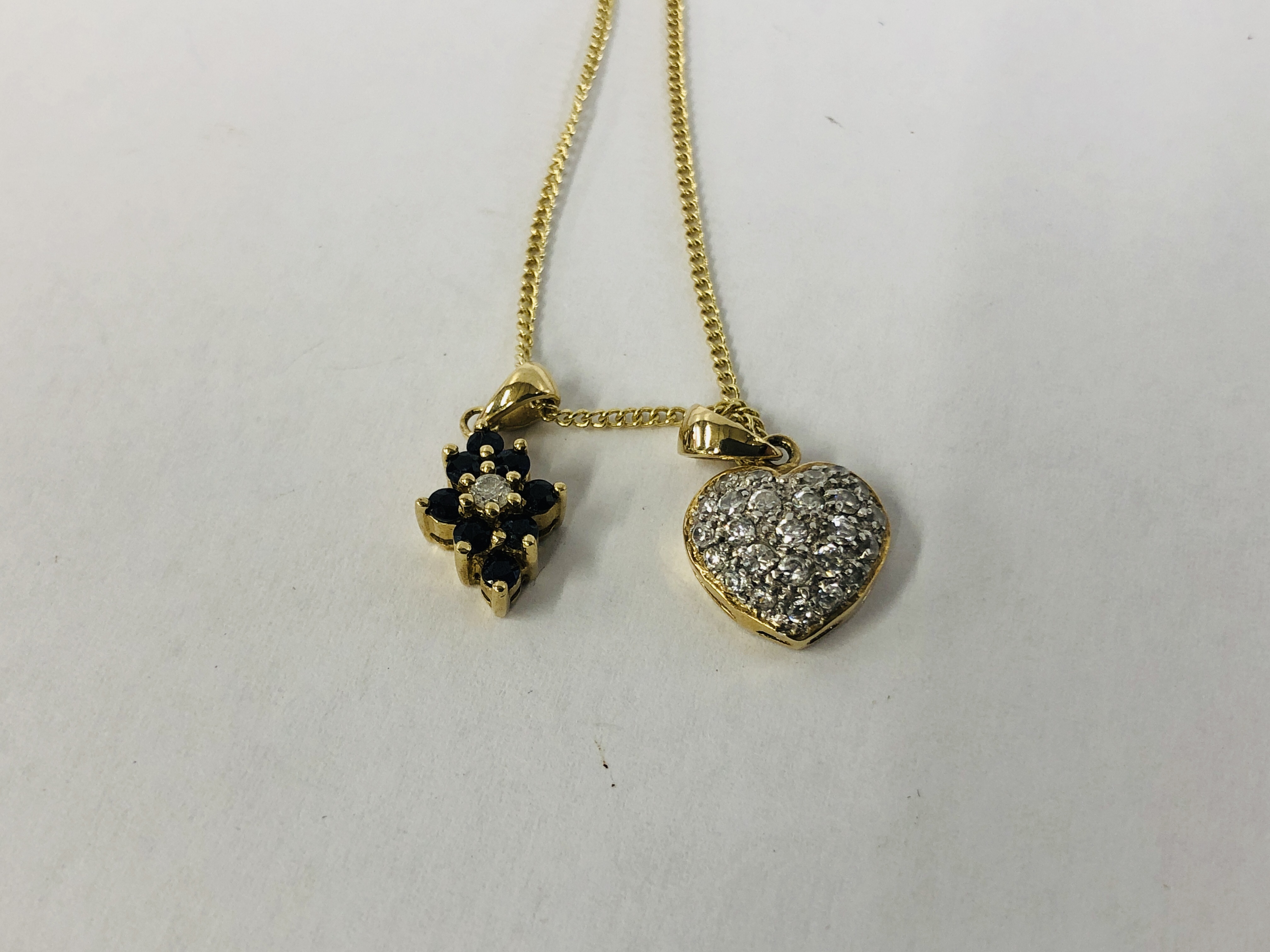 9CT. GOLD SAPPHIRE AND DIAMOND PENDANT AND CHAIN ALONG WITH A 9CT. - Image 2 of 4