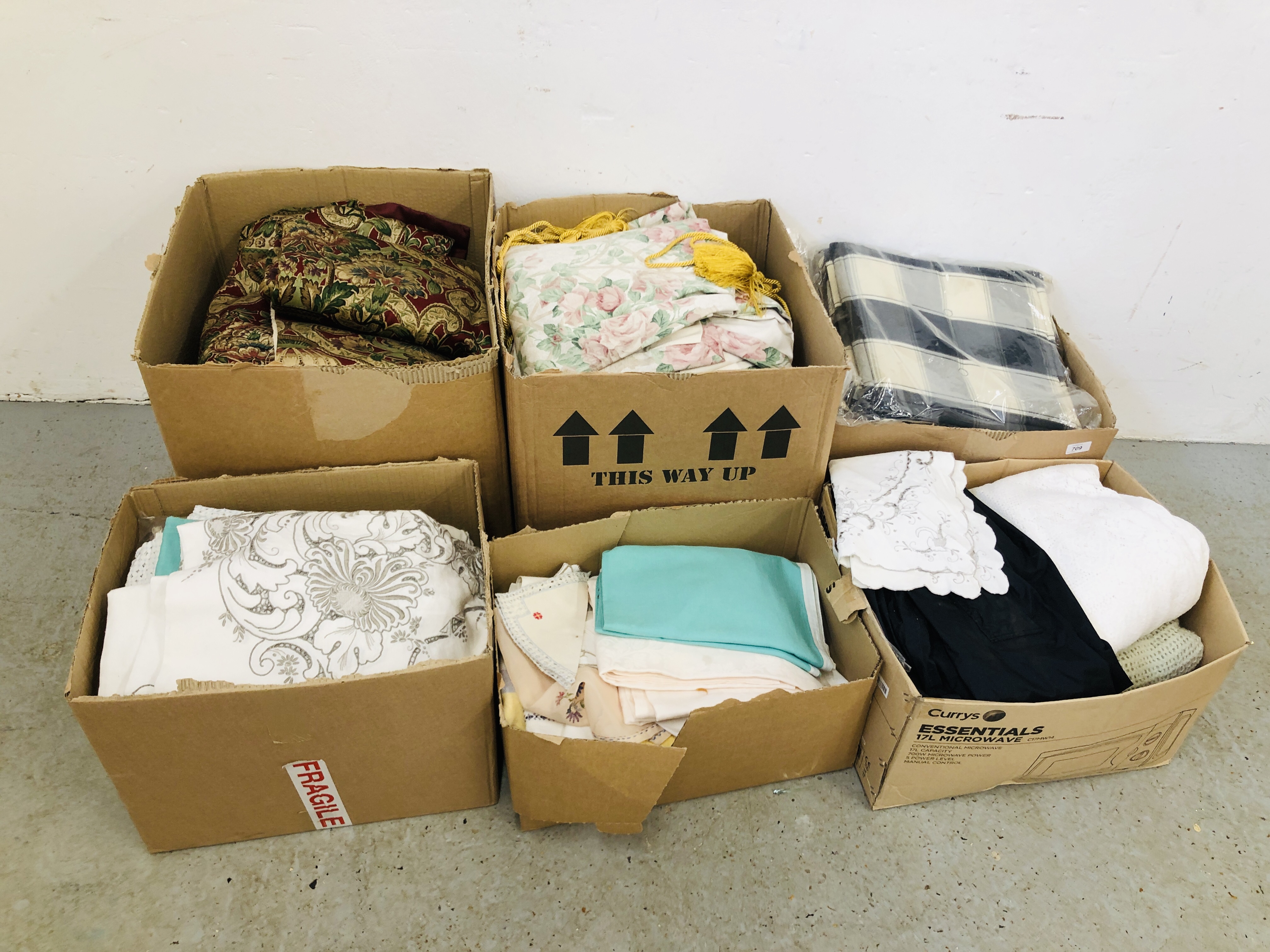 SIX BOXES OF ASSORTED HOUSEHOLD LINEN,