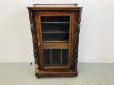 ANTIQUE VICTORIAN INLAID BURR WALNUT MUSIC CABINET WITH INTERIOR SINGLE DRAWER AND BRASS UPSTAND