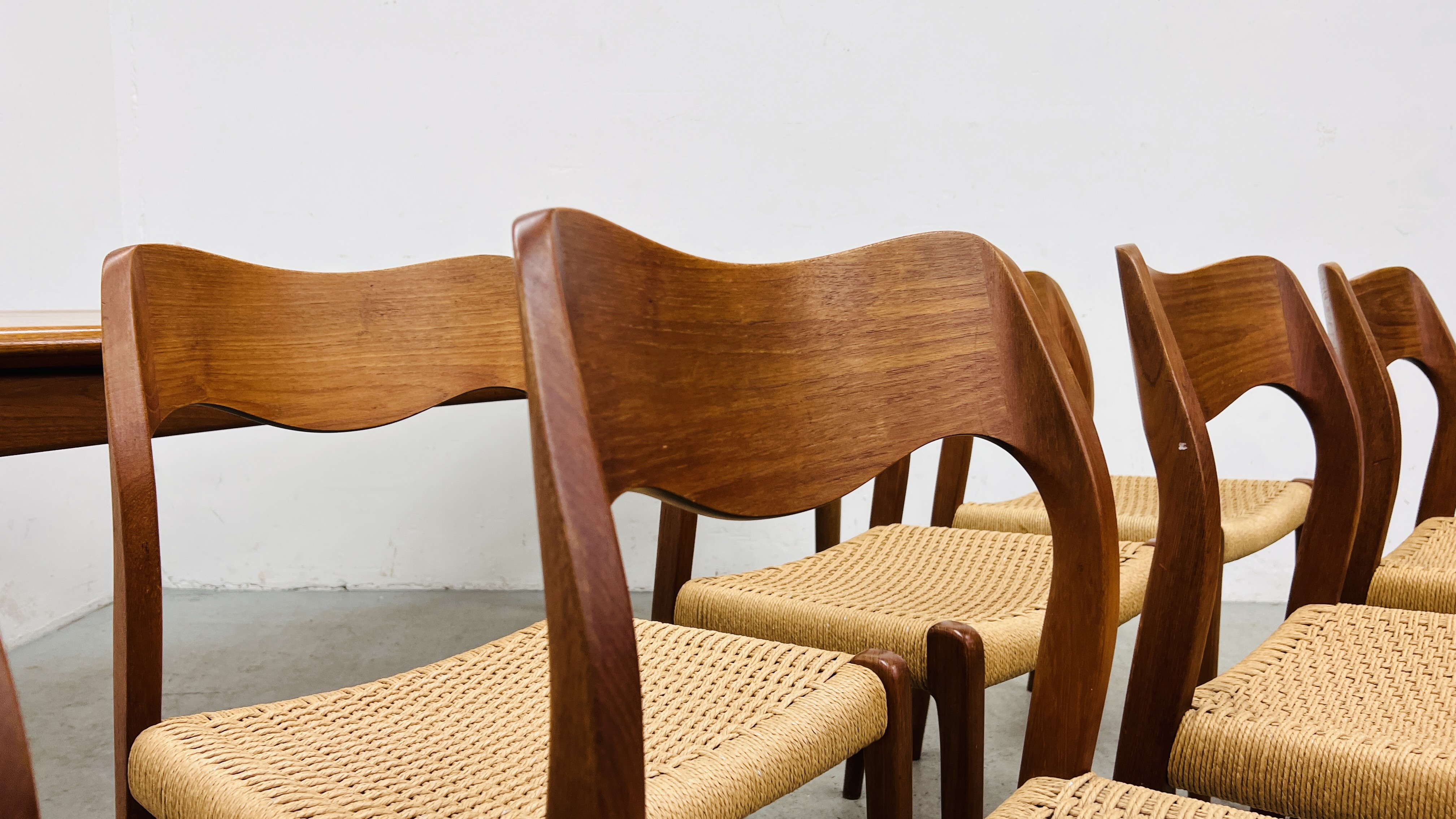 SET OF EIGHT J MOLLER DANISH TEAK DINING CHAIRS WITH WOVEN SISAL SEATS ALONG WITH A DRAWER LEAF - Image 22 of 48