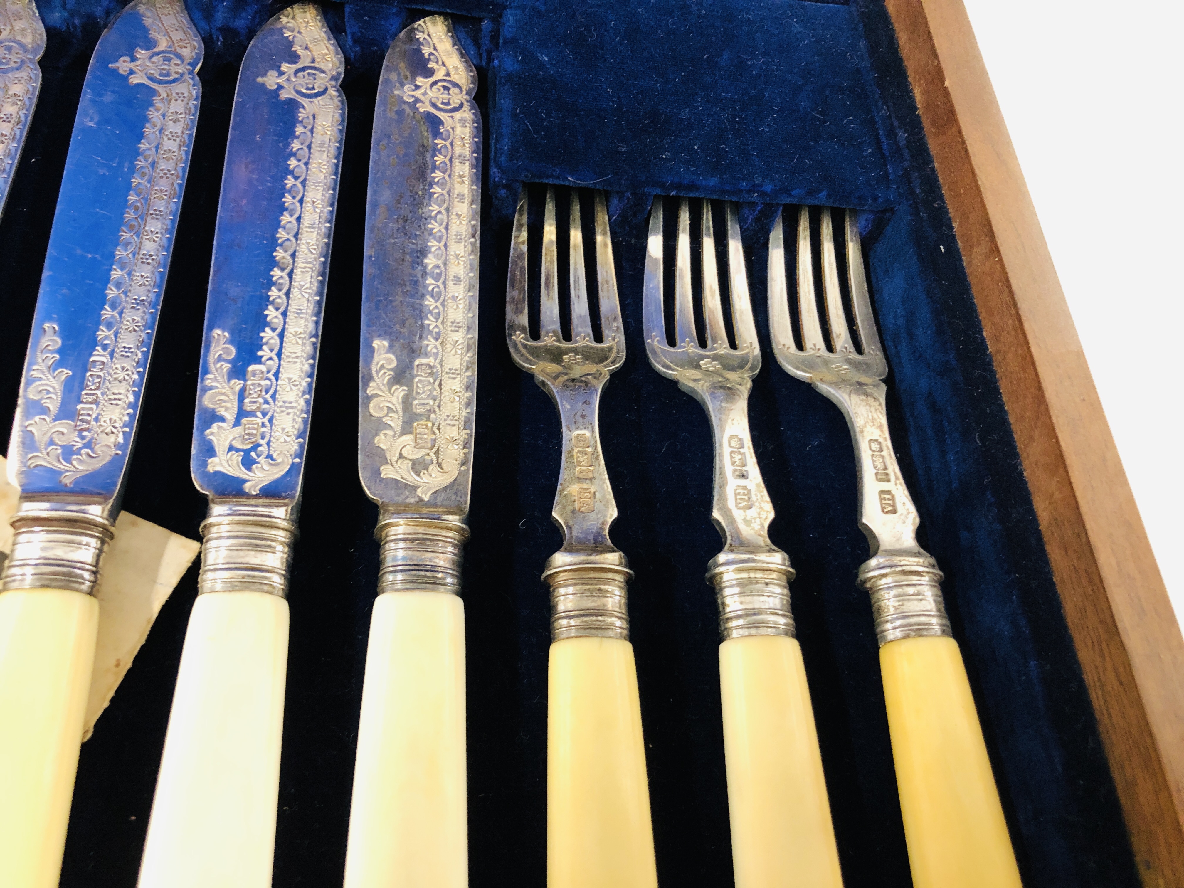 MAHOGANY CASED SET OF SILVER FISH CUTLERY COMPRISING SHEFFIELD 1902 THE HANDLES BONE - Image 6 of 9