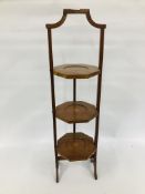 AN EDWARDIAN MAHOGANY AND INLAID FOLDING CAKE STAND.