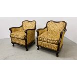 A PAIR CONTINENTAL STYLE TUB CHAIRS UPHOLSTERED WITH GOLD BROCADE MATERIAL