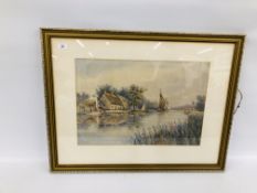 WATERCOLOUR "HORNING FERRY" BEARING SIGNATURE W.E. MAYES 39 X 56.5CM.