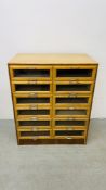 A VINTAGE HABERDASHERY SHOP FITTING CONTAINING TWELVE GLASS FRONTED DRAWERS, W 92CM, D 53CM,