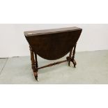 VICTORIAN WALNUT TEA TABLE WITH GATELEG ACTION AND OVAL TOP - EXTENDED 83CM. X 102CM.