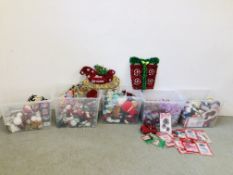 5 LARGE STORAGE BOXES CONTAINING A VAST QUANTITY OF CHRISTMAS DECORATIONS AND EFFECTS TO INCLUDE