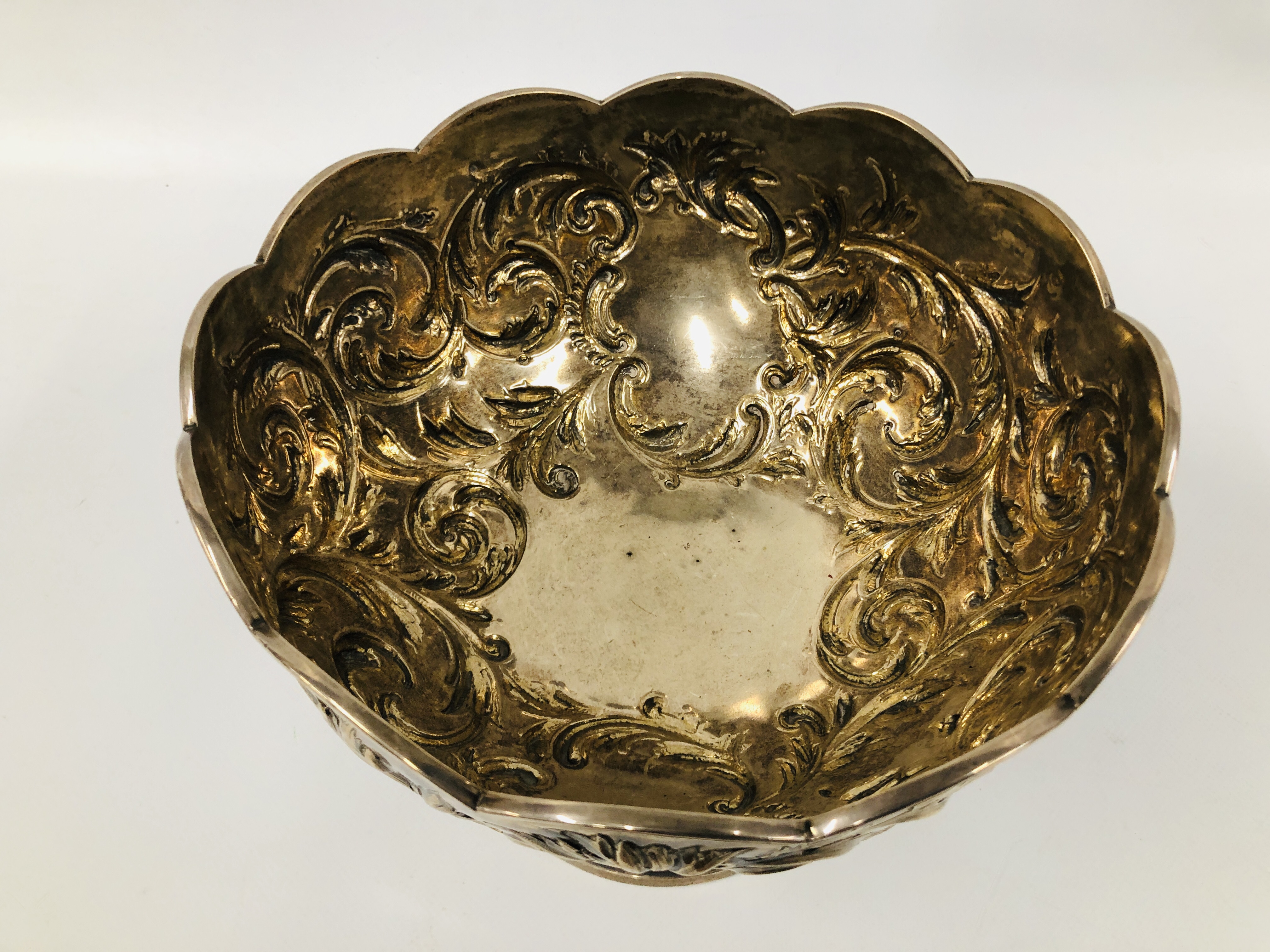 A VICTORIAN SILVER FOOTED ROSE BOWL THE WAVY RIM ABOVE SCROLLED LEAF DECORATION, - Image 5 of 11