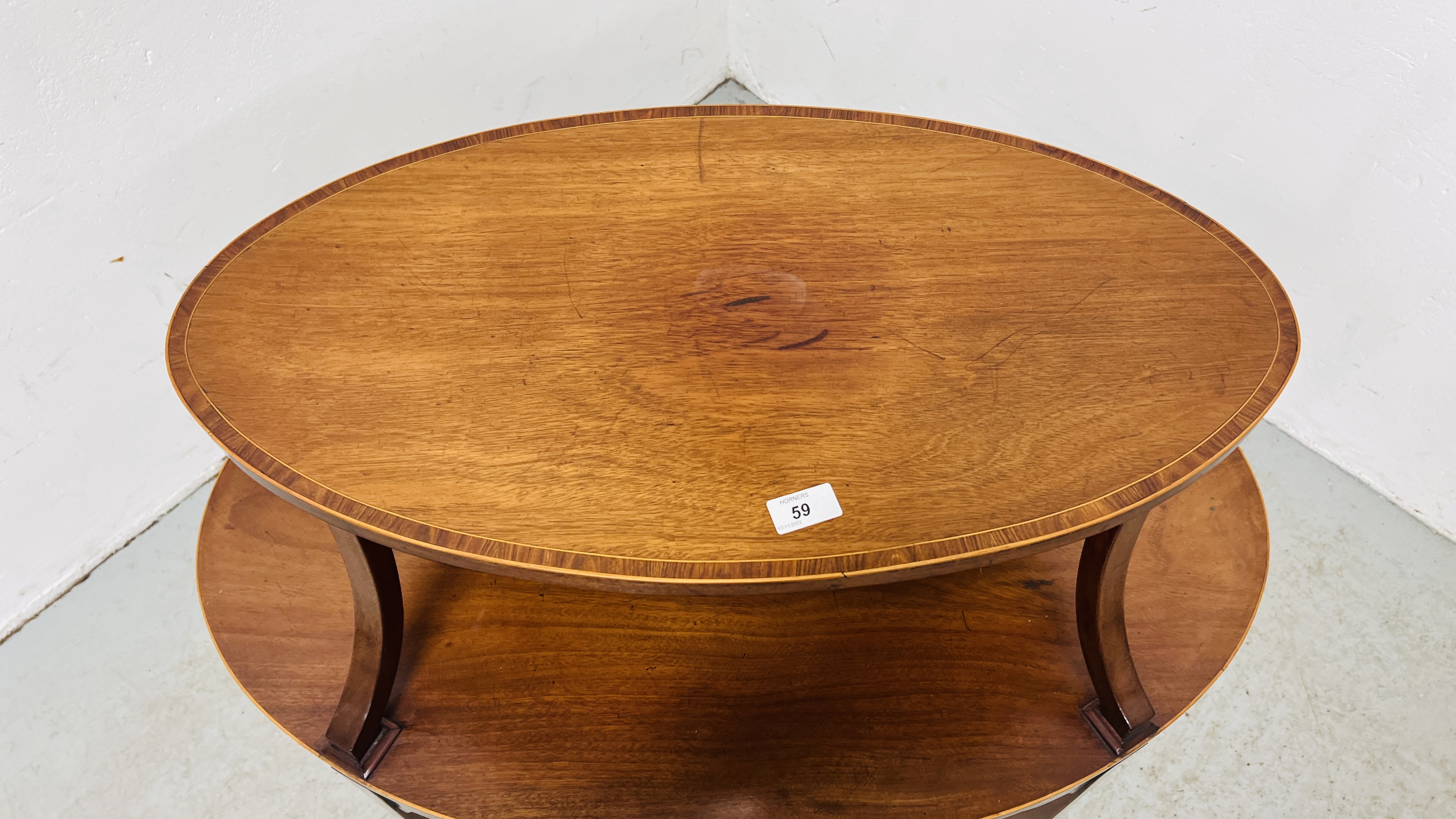 VINTAGE OVAL MAHOGANY FINISH TWO TIER OCCASIONAL TABLE WIDTH 88CM. DEPTH 55CM. HEIGHT 80CM. - Image 3 of 9