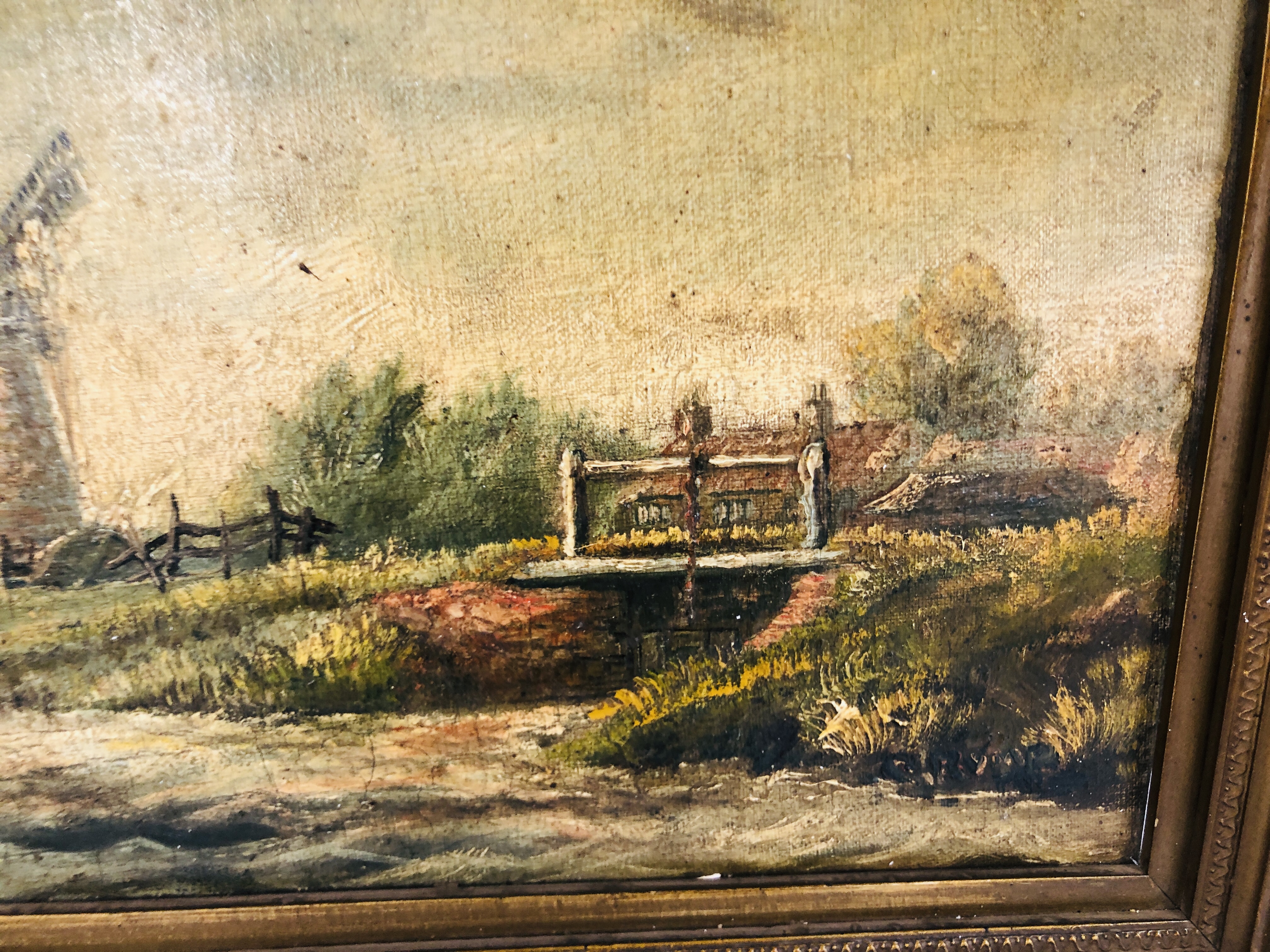 A GILT FRAMED OIL ON CANVAS DEPICTING SAILING BOAT ON THE RIVER PASSING A WINDMILL BEARING - Image 5 of 9