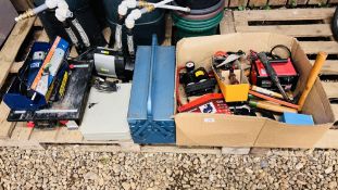 BOX ASSORTED HAND TOOLS, HILKA BATTERY CHARGER, FOOT PUMP, AIR COMPRESSOR, DISC GRINDER,