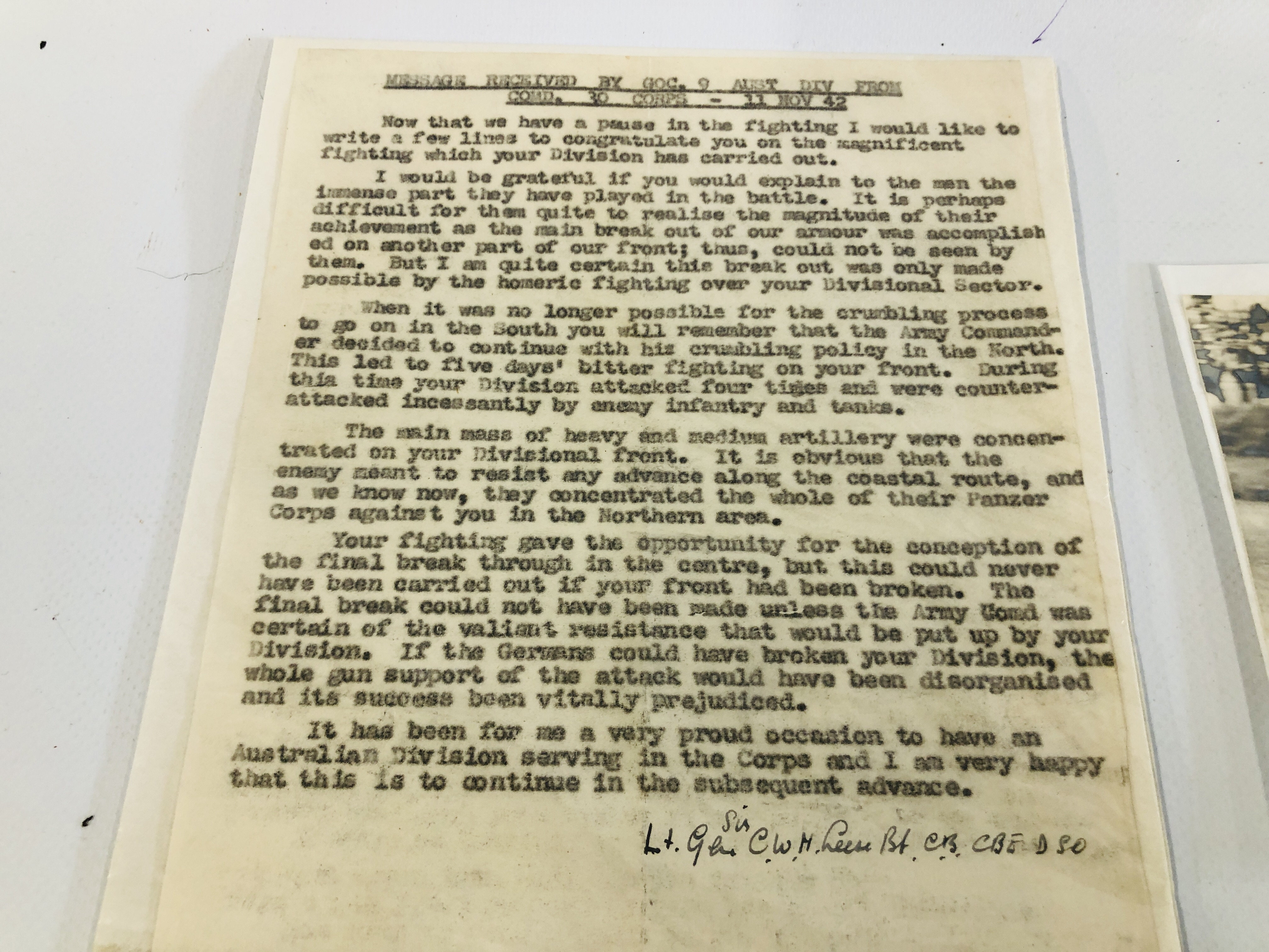 COLLECTION OF EPHEMERA TO INCLUDE A TYPED LETTER FROM A BRITISH COLONEL TO AUSTRALIAN DIVISION, - Image 8 of 11