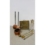 TWO COPPER WARMING PANS, COPPER COAL SCUTTLE, BRASS FIRE IRONS ON STAND,