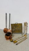 TWO COPPER WARMING PANS, COPPER COAL SCUTTLE, BRASS FIRE IRONS ON STAND,