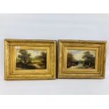 PAIR OF GILT FRAMED C19TH SCHOOL OIL ON BOARD, RIVER SCENE WITH BRIDGE AND A LANDSCAPE SCENE,