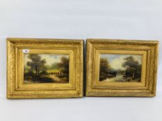 PAIR OF GILT FRAMED C19TH SCHOOL OIL ON BOARD, RIVER SCENE WITH BRIDGE AND A LANDSCAPE SCENE,