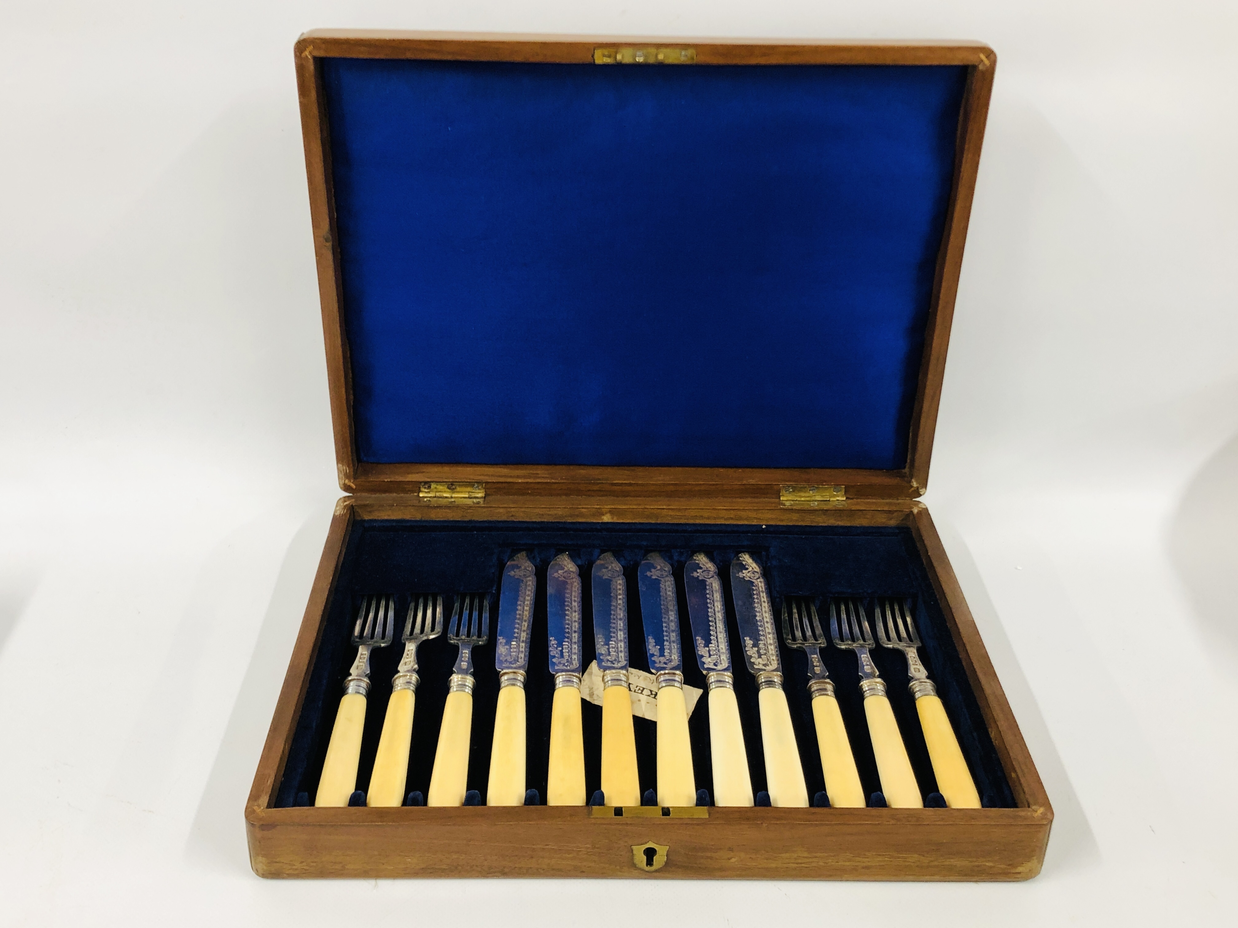 MAHOGANY CASED SET OF SILVER FISH CUTLERY COMPRISING SHEFFIELD 1902 THE HANDLES BONE