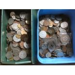 HEAVY ACCUMULATION GB AND OVERSEAS COINS IN TUB AND METAL CASH TIN, A FEW BANKNOTES,