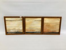 A SET OF THREE DAWN R PETERSON OIL ON CANVAS AND MIXED MEDIA MODERN SUNSET SCENES EACH 39.3 C 39.