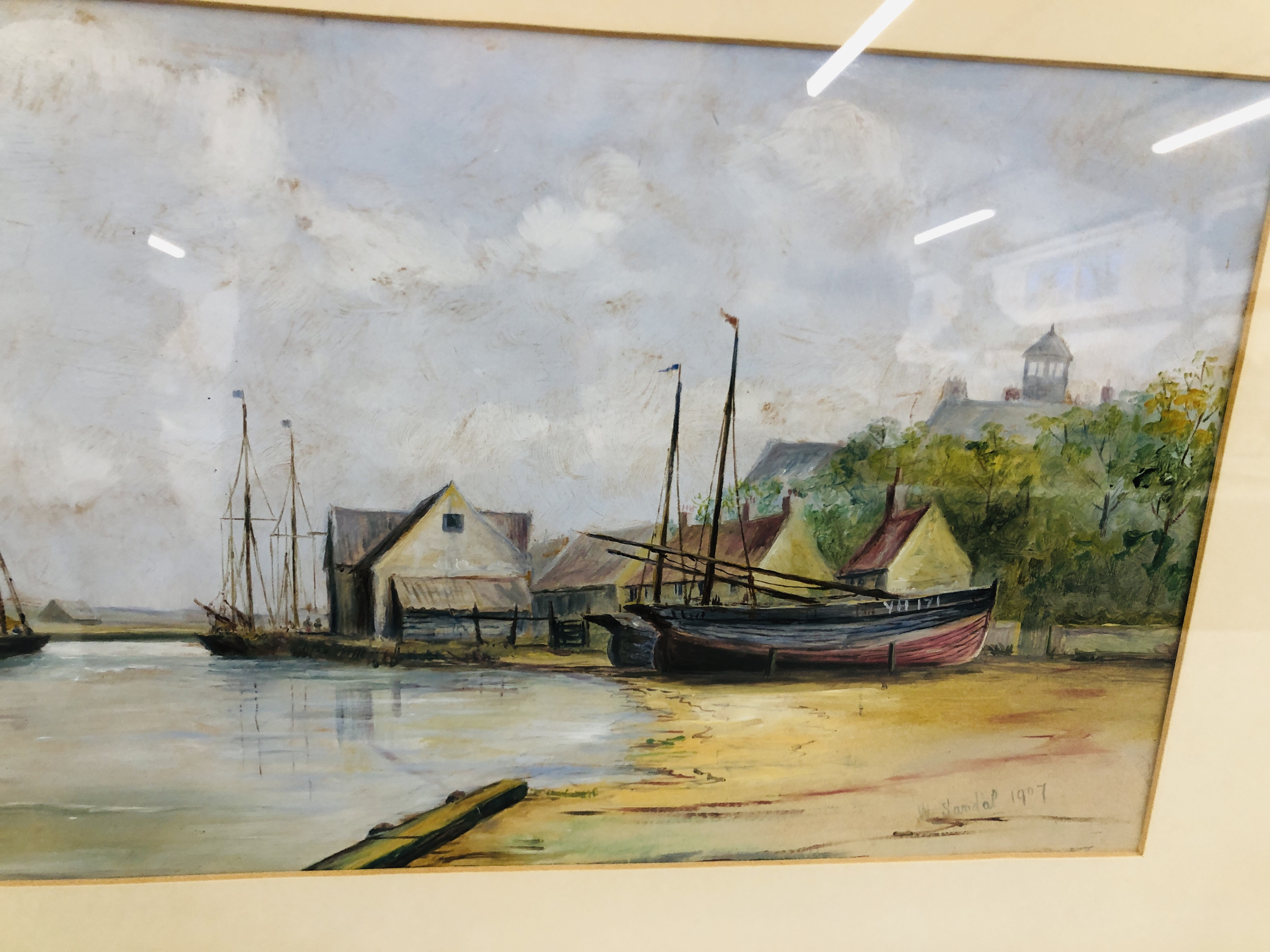 OIL ON BOARD HARBOUR SCENE WITH YARMOUTH FISHING BOATS BEARING SIGNATURE W. SANDAL 1907 19. - Image 4 of 5