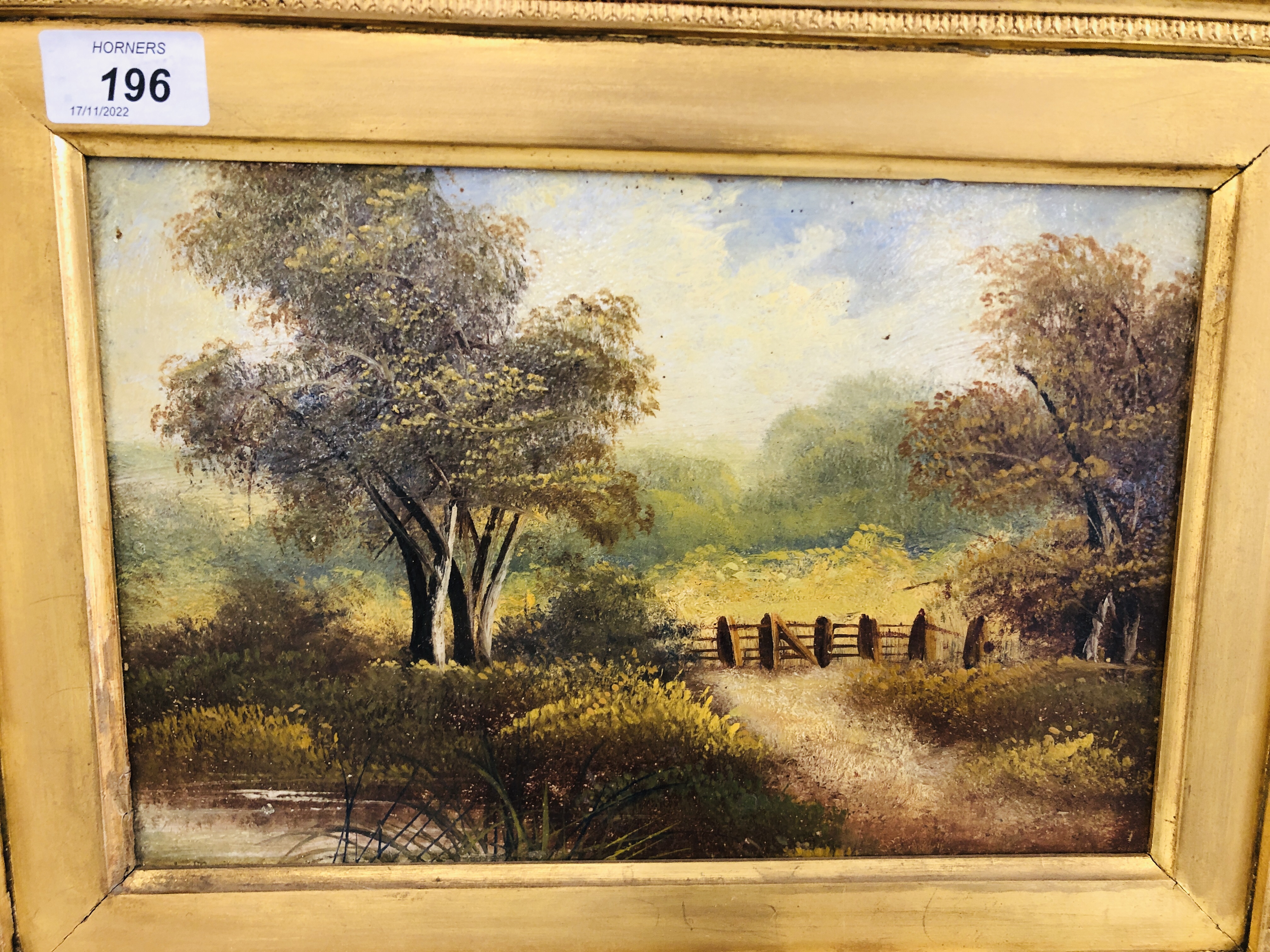 PAIR OF GILT FRAMED C19TH SCHOOL OIL ON BOARD, RIVER SCENE WITH BRIDGE AND A LANDSCAPE SCENE, - Image 2 of 4