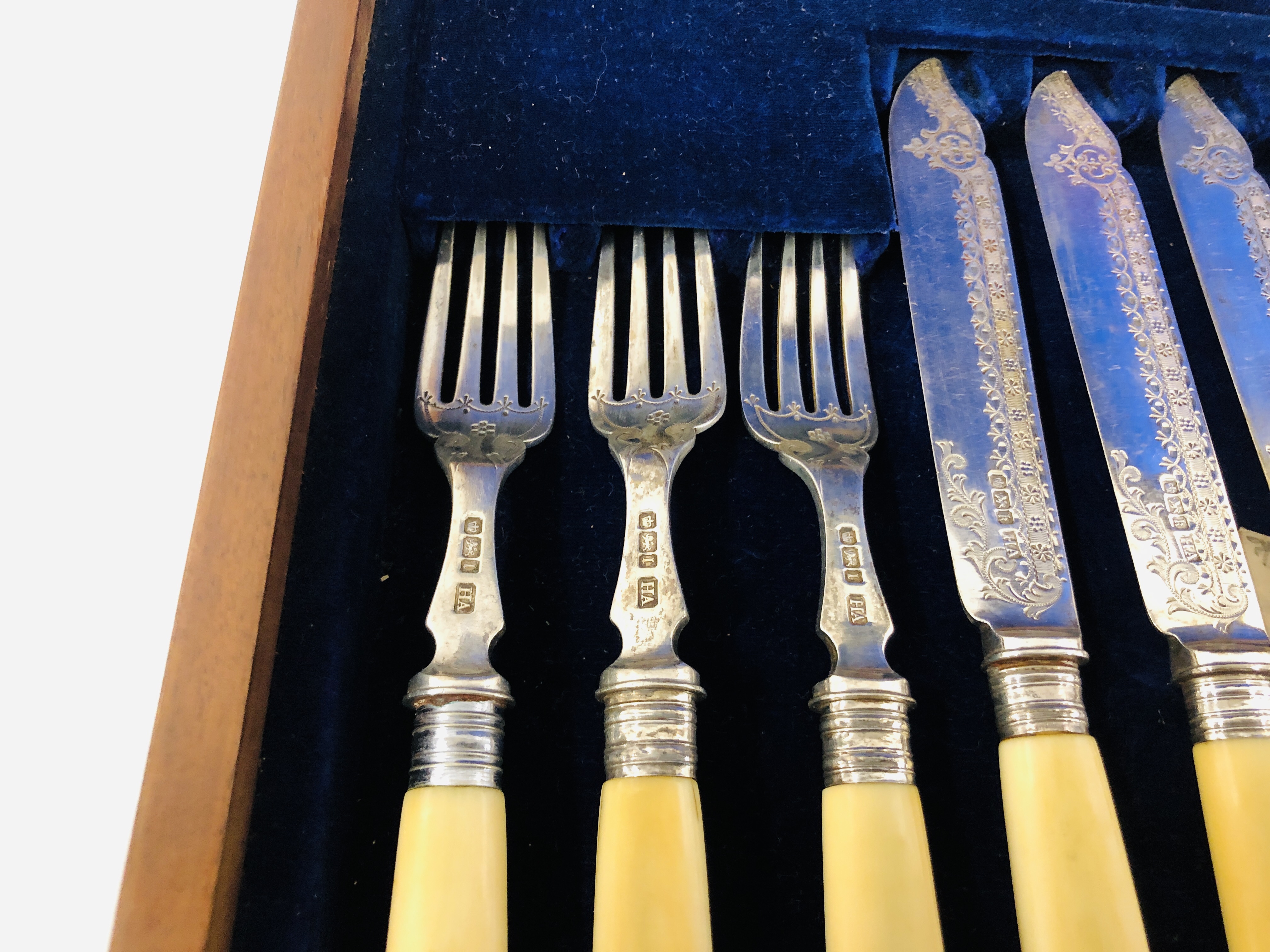 MAHOGANY CASED SET OF SILVER FISH CUTLERY COMPRISING SHEFFIELD 1902 THE HANDLES BONE - Image 5 of 9