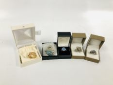 SMALL COLLECTION OF RINGS AND BROOCHES TO INCLUDE THREE SILVER RINGS, 2 AURORA LADIES RINGS IN BOX,