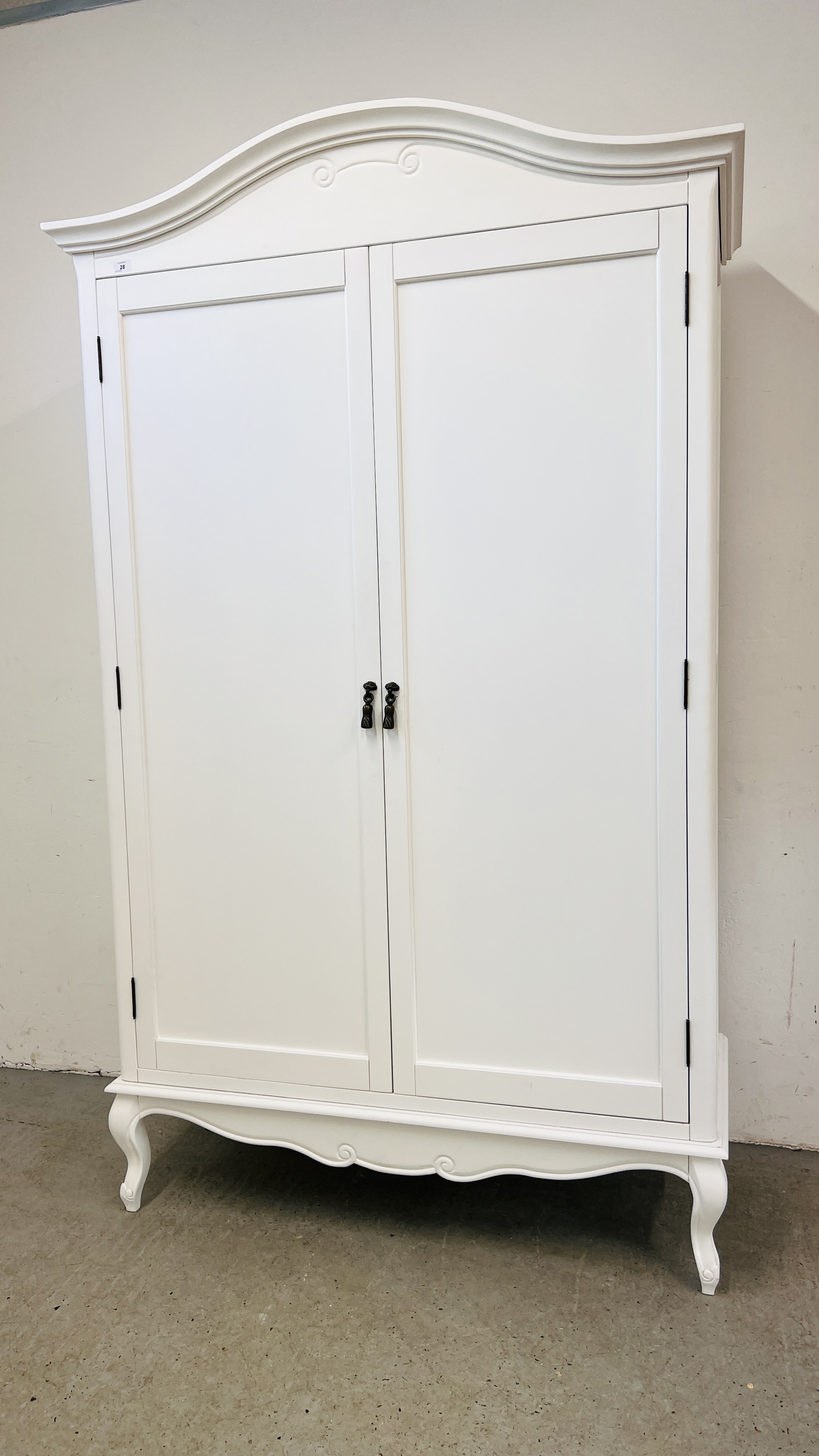 A GOOD QUALITY FRENCH STYLE WHITE FINISH TWO DOOR WARDROBE WITH INTERIOR CLOTHES RAIL AND SHELF W