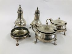 MATCHED SET OF SILVER CONDIMENTS A PAIR OF MUSTARDS LONDON 1940,