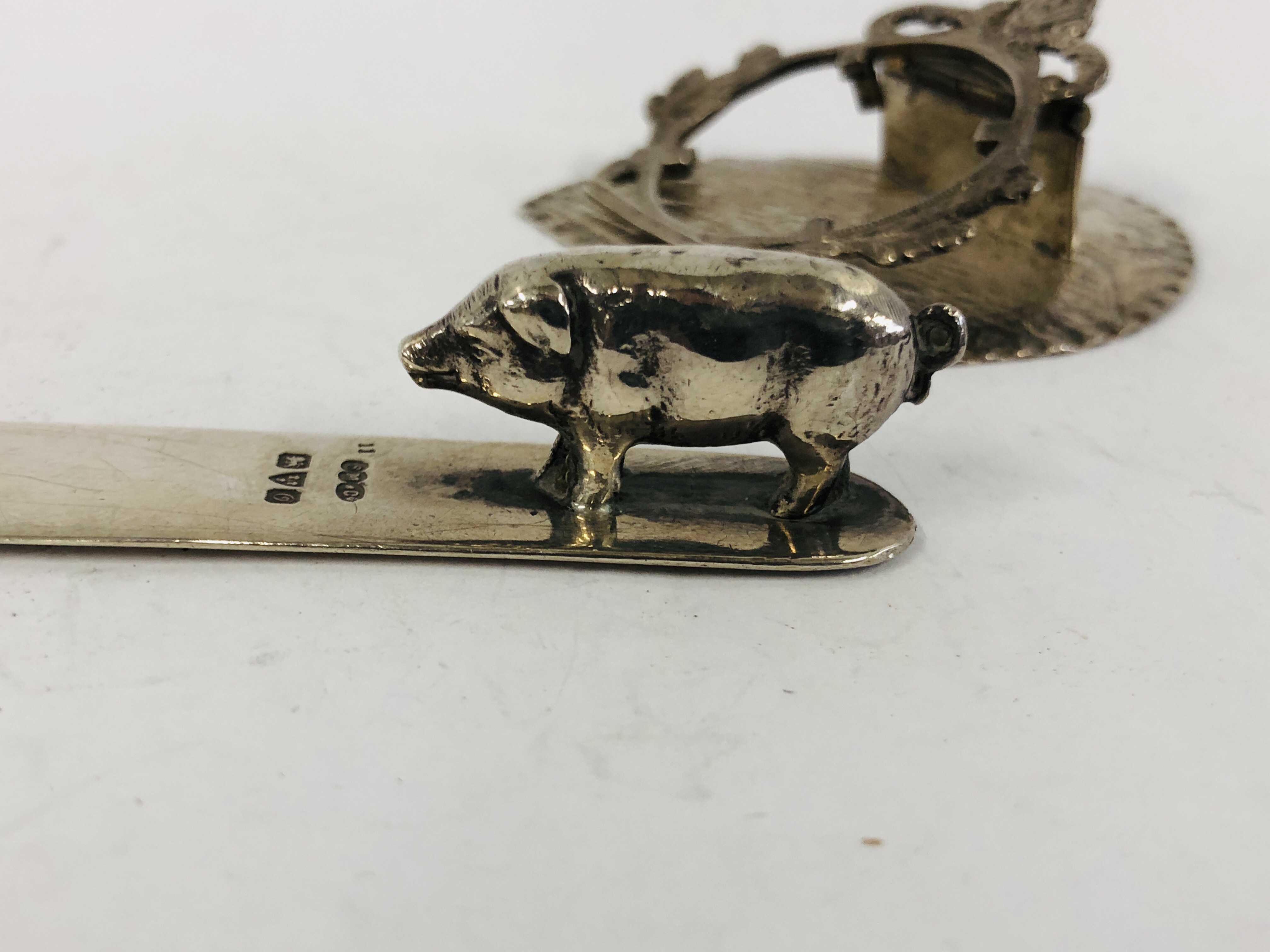 A SILVER BOOK MARK SURMOUNTED BY A PIG S.M. - Image 4 of 11