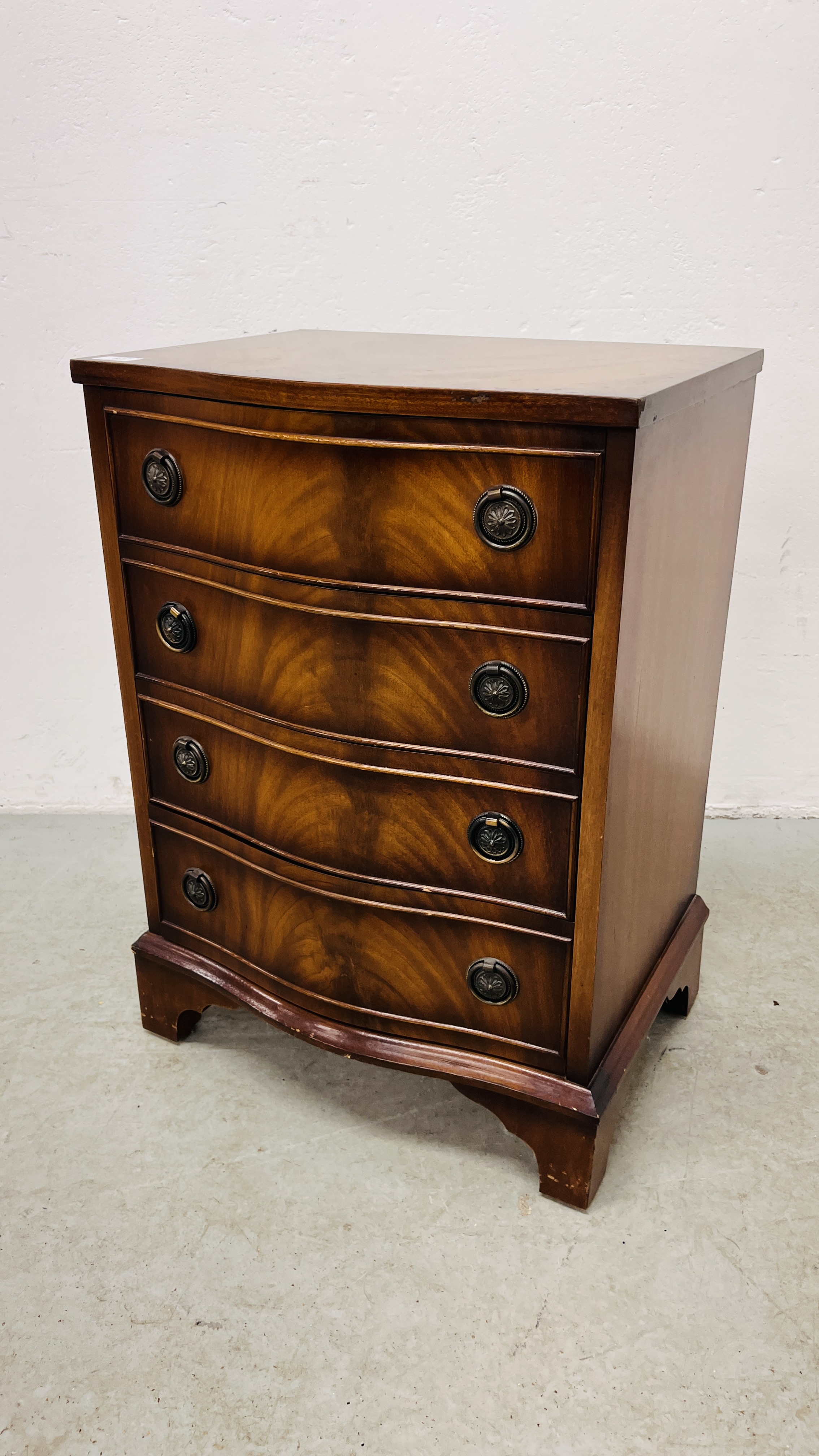 REPRODUCTION FLAME MAHOGANY FINISH FOUR DRAWER CHEST WIDTH 48CM. DEPTH 37CM. HEIGHT 69CM.