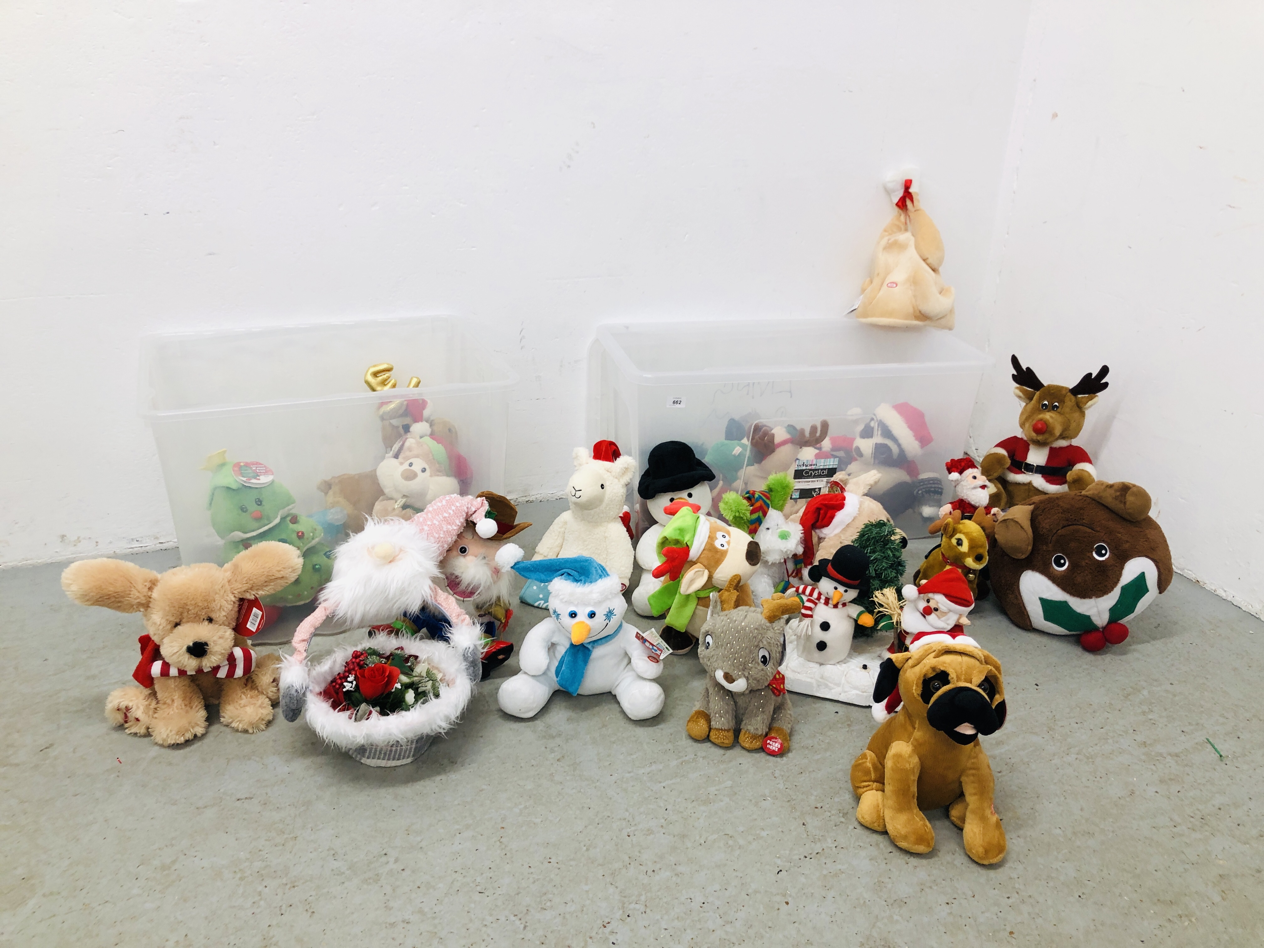 2 LARGE BOXES CONTAINING APPROXIMATELY 30 SOFT CHRISTMAS CHARACTERS,