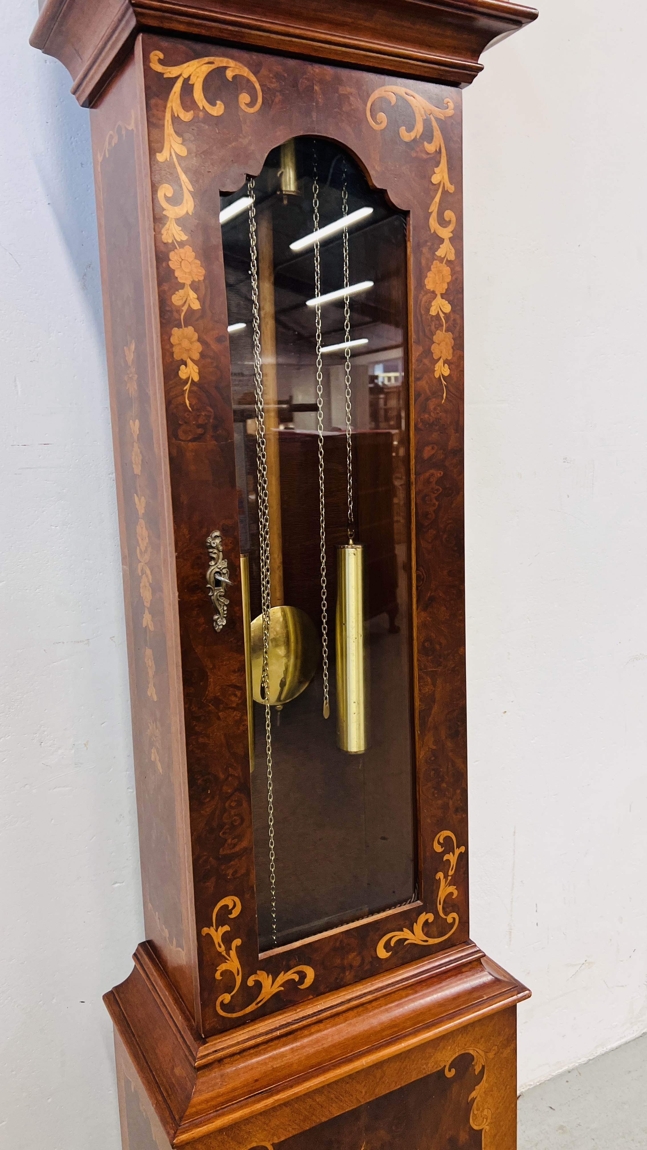 A REPRODUCTION DUTCH STYLE LONG CASE CLOCK WITH MARQUETRY INLAID STYLE DETAILING FACE MARKED TEMPUS - Image 6 of 13