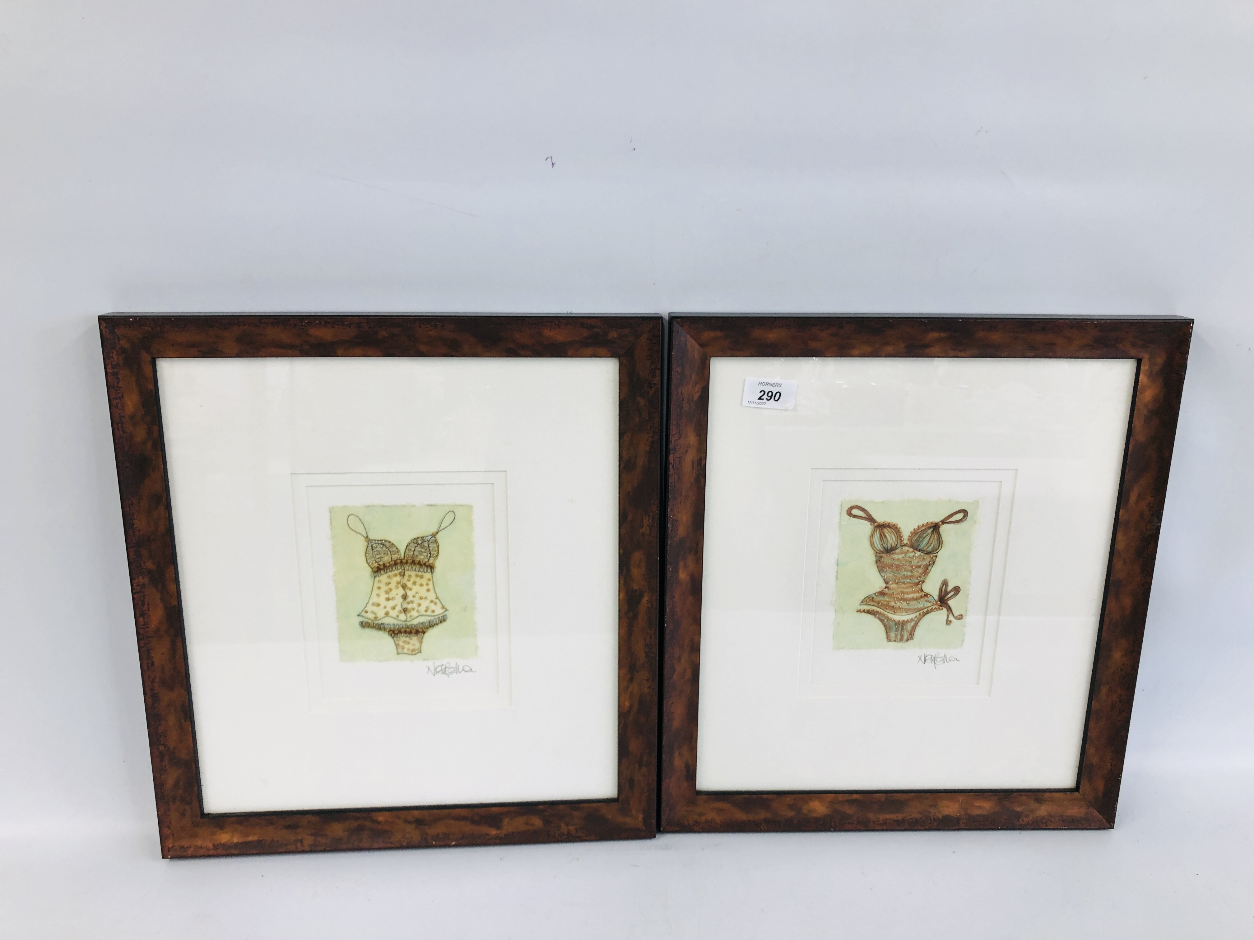 TWO FRAMED AND MOUNTED TEXTURED PAINTINGS ON SILK BEARING SIGNATURE.