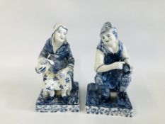 PAIR OF HARDPASTE BLUE AND WHITE FIGURED STUDIES OF A SEATED MAN AND WOMEN IN THE DELFT STYLE,