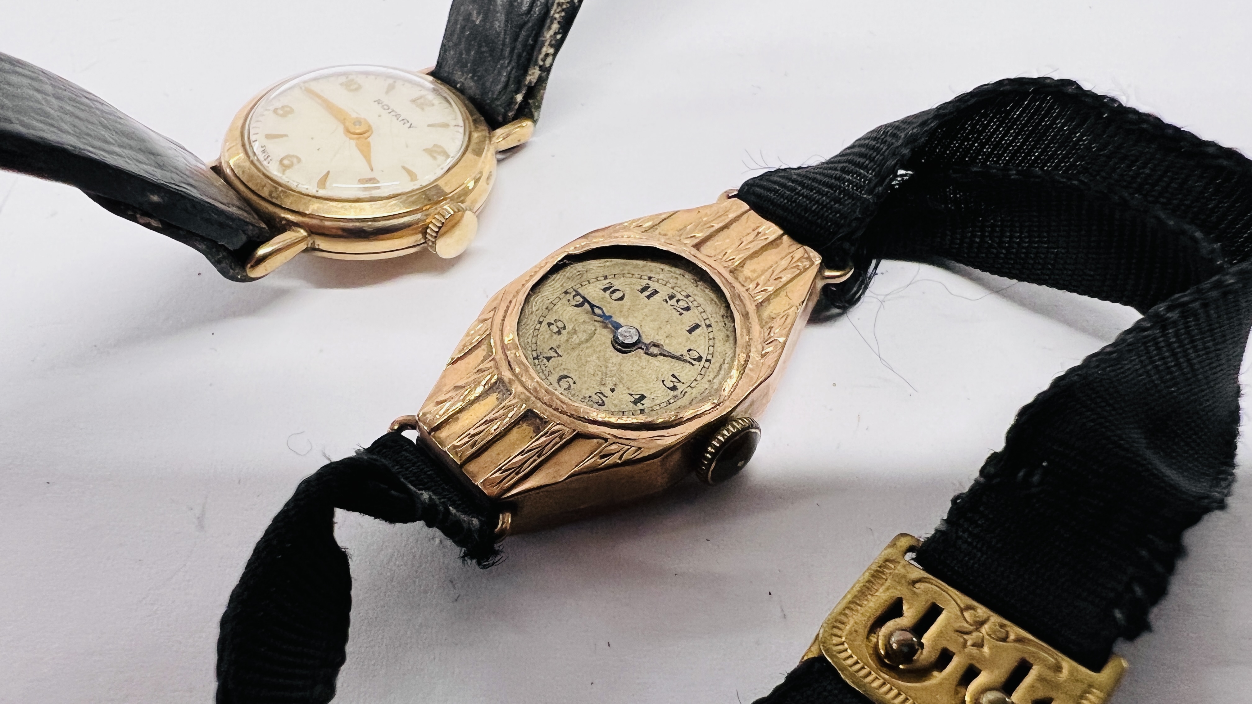 A LADY'S 9CT GOLD ROTARY WATCH WITH LEATHER STRAP AND A LADY'S 9CT GOLD COCKTAIL WATCH (POOR - Image 2 of 11