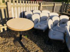 THREE X TRIPLE SEAT MOULDED PLASTIC BOWLING ALLEY BENCHES AND ONE PEDESTAL TABLE.