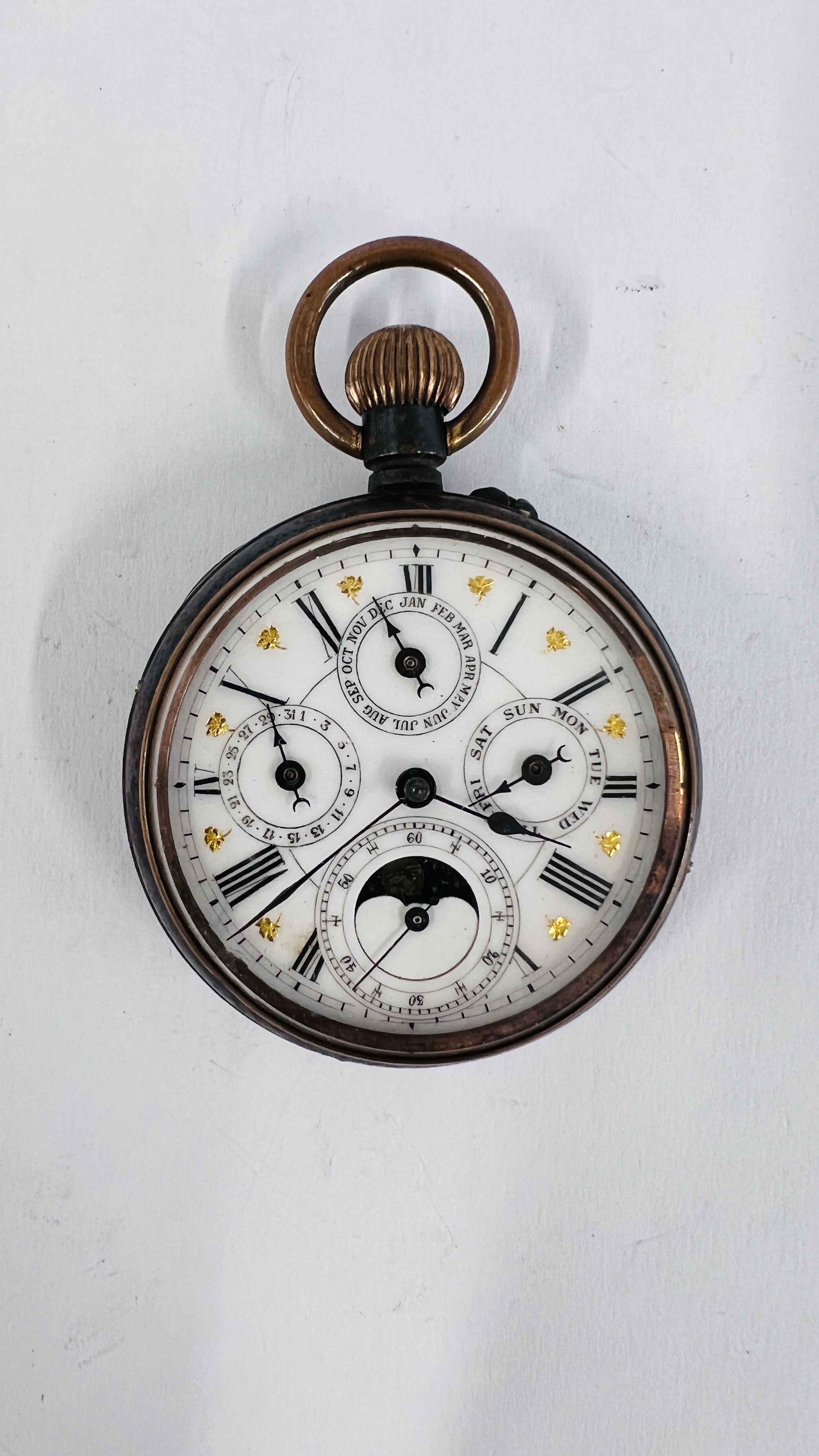 AN ACIER GARANTI SWISS MOON PHASE POCKET WATCH WITH FOUR SUBSIDERY DIALS, - Image 2 of 12