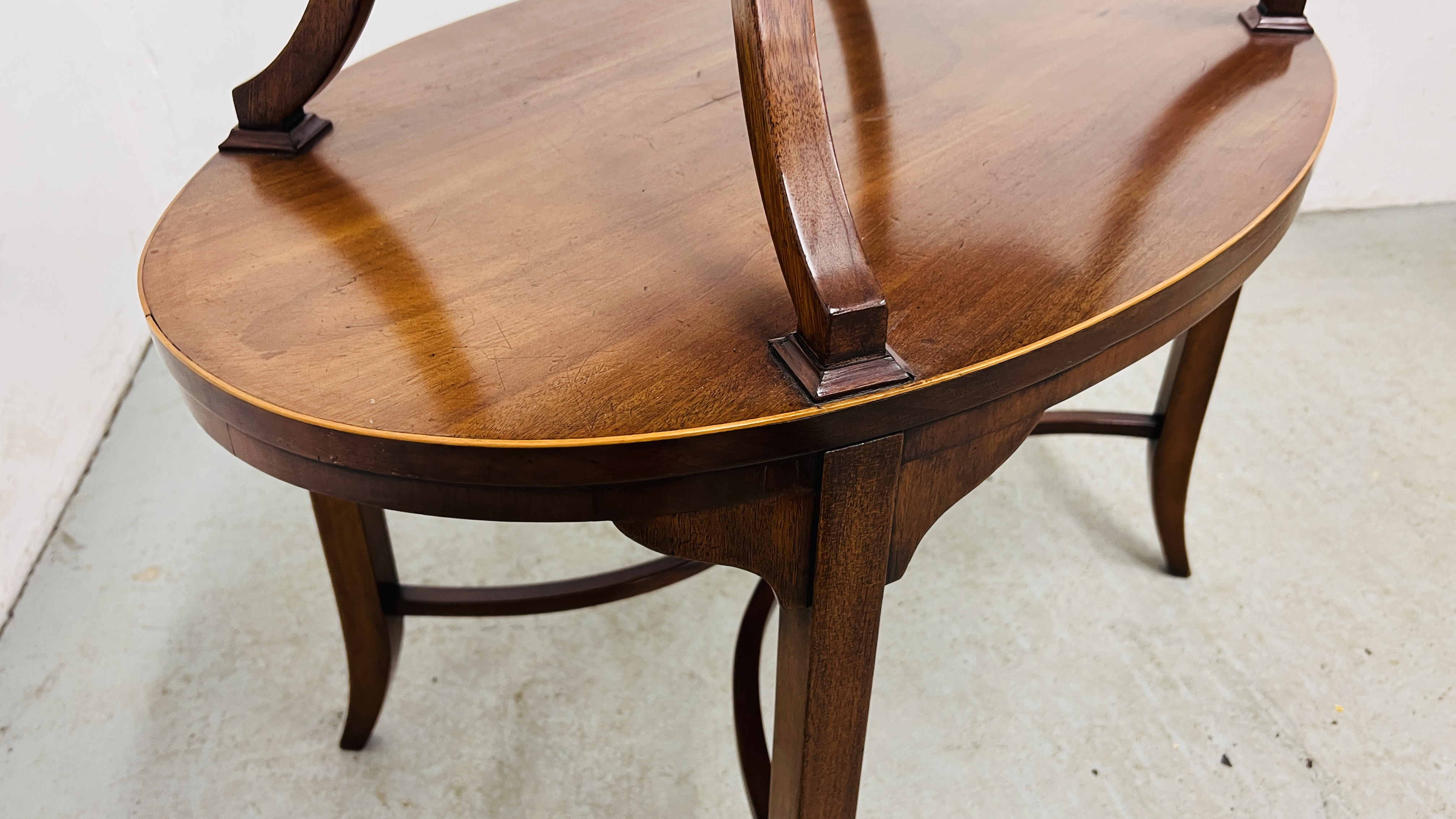 VINTAGE OVAL MAHOGANY FINISH TWO TIER OCCASIONAL TABLE WIDTH 88CM. DEPTH 55CM. HEIGHT 80CM. - Image 6 of 9