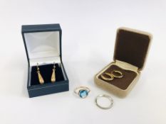 TWO PAIRS OF 9CT GOLD EARRINGS AND TWO 9CT GOLD RINGS.