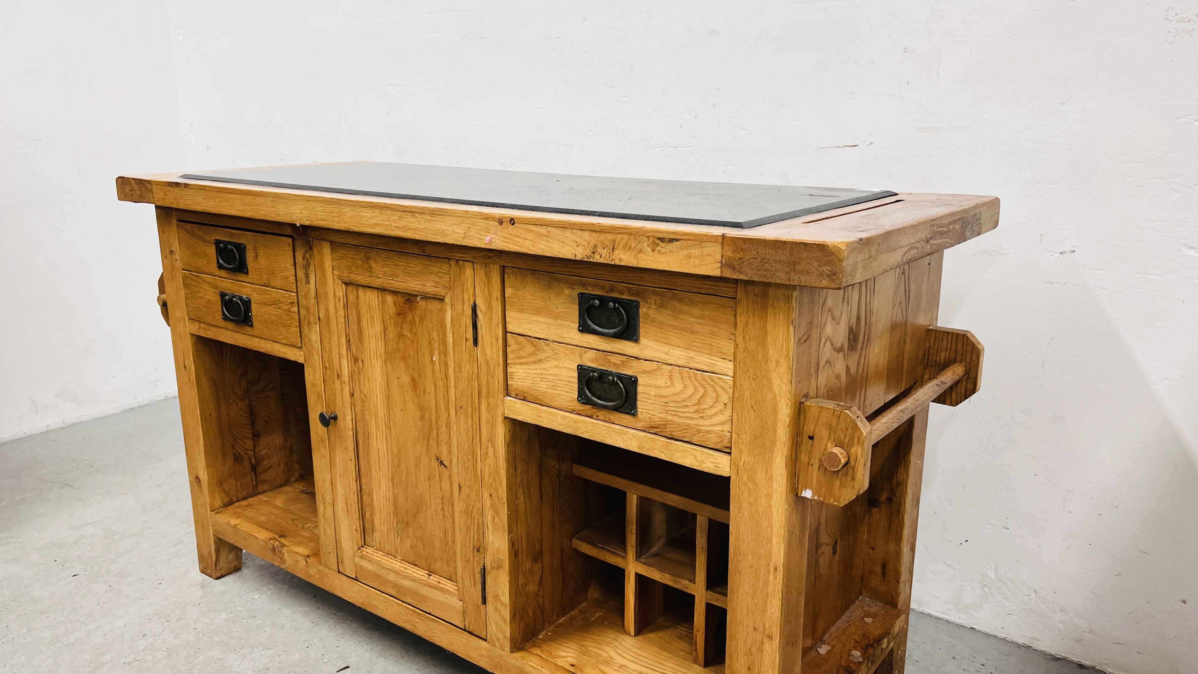 A SOLID OAK MARBLE TOPPED KITCHEN ISLAND WITH TWO SLIDE THROUGH DRAWERS AND SINGLE CENTRAL DOOR, - Image 3 of 21