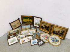 BOX OF FRAMED AND MOUNTED PICTURES AND PRINTS TO INCLUDE ORIGINAL ARTWORKS AND NEEDLEWORK PICTURES