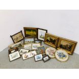 BOX OF FRAMED AND MOUNTED PICTURES AND PRINTS TO INCLUDE ORIGINAL ARTWORKS AND NEEDLEWORK PICTURES