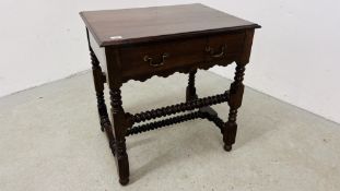 A REPRODUCTION C17th STYLE WALNUT BOBBIN TURN SINGLE DRAWER SIDE TABLE, W 70CM, D 54CM, H 74CM.