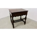 A REPRODUCTION C17th STYLE WALNUT BOBBIN TURN SINGLE DRAWER SIDE TABLE, W 70CM, D 54CM, H 74CM.