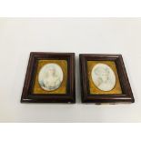PAIR OF VINTAGE HAND PAINTED PORTRAIT MINIATURES IN OVAL MOUNTS HEIGHT 12.5CM. WIDTH 11CM.