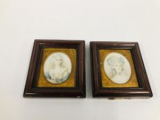 PAIR OF VINTAGE HAND PAINTED PORTRAIT MINIATURES IN OVAL MOUNTS HEIGHT 12.5CM. WIDTH 11CM.