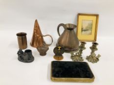 COLLECTION OF COPPER AND BRASS WARE TO INCLUDE 1 GALLON JUG, FISH CANDLE STICK HOLDERS,