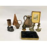 COLLECTION OF COPPER AND BRASS WARE TO INCLUDE 1 GALLON JUG, FISH CANDLE STICK HOLDERS,