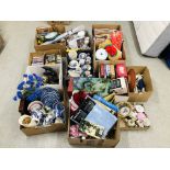 11 X BOXES OF HOUSE SUNDRIES TO INCLUDE WILLOW PATTERN TEA AND DINNER WARE, XMAS DECORATIONS,